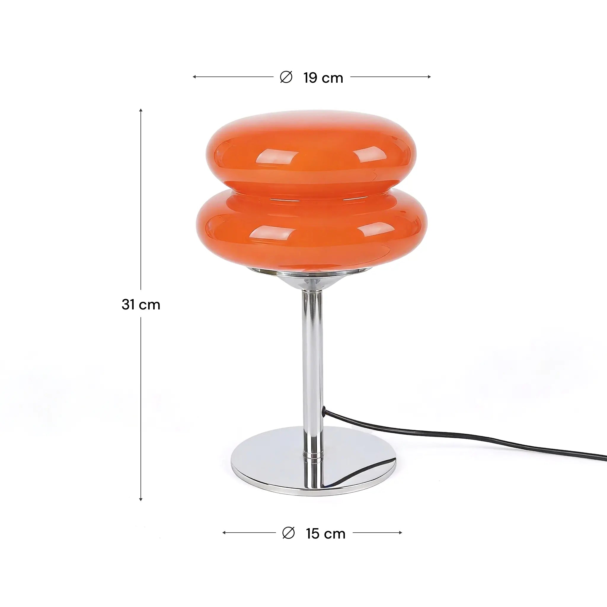 Orange table lamp with dimensions on a white background