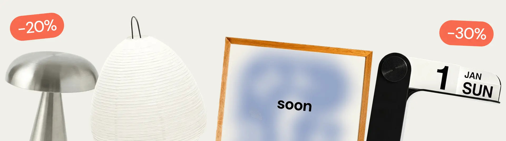 Promotional banner with a countdown clock, discount percentages, and a blurred photo frame.