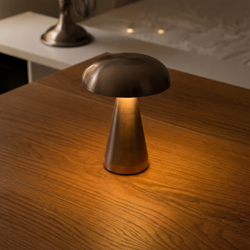 Mushroom-shaped table lamp on a wooden surface with a warm glow.
