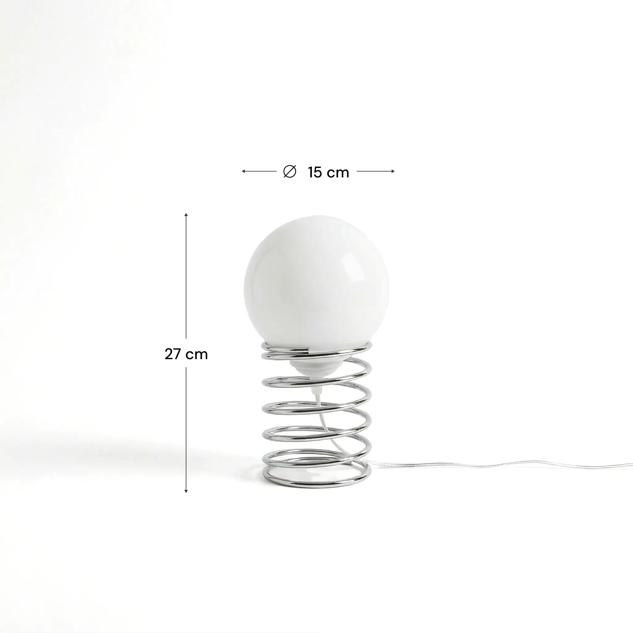 White spherical lamp with metal base and dimensions on a white background